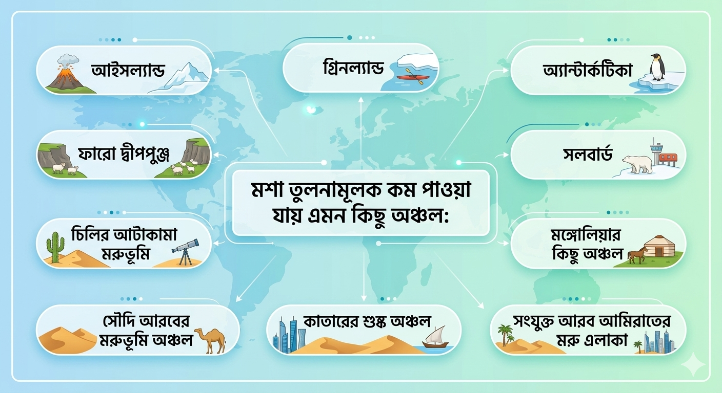 বিশ্বের যেসব অঞ্চলে মশার সংখ্যা কম