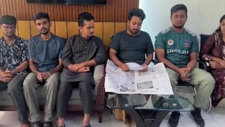 কোটা সংস্কার আন্দোলনের ৬ সমন্বয়ক মো. নাহিদ ইসলাম, সারজিস আলম, হাসনাত আব্দুল্লাহ, আসিফ মাহমুদ, নুসরাত তাবাসসুম ও আবু বাকের মজুমদার। ছবি: সংগৃহীত