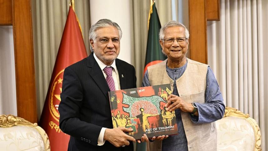 পাকিস্তানের উপ-প্রধানমন্ত্রী ইসহাক দারকে জুলাই অভ্যুত্থান নিয়ে বিশেষ বই উপহার দেন প্রধান উপদেষ্টা অধ্যাপক মুহাম্মদ ইউনূস। ছবি: পিআইডি/বাসস