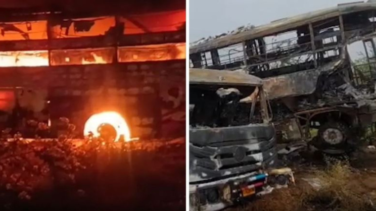 ভারতে ট্রাকের সঙ্গে বাসের ধাক্কায় অগ্নিকাণ্ড। ছবি: সংগৃহীত