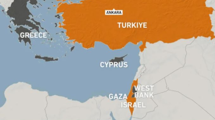 মানচিত্রে ইসরায়েল, গ্রিস, সাইপ্রাস ও তুরস্ক। ছবি: সংগৃহীত